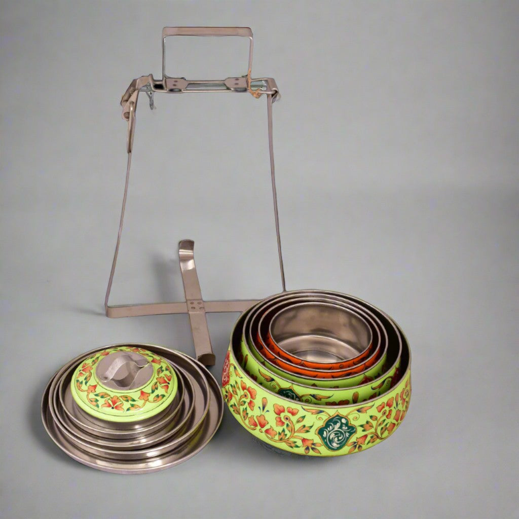 Hand-Painted 5-Tier Stainless Steel Lunch Box – green Design Eco-Friendly tiffin box