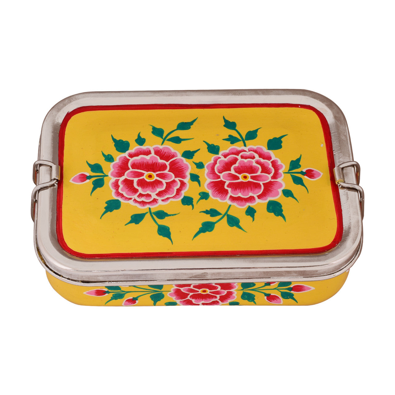 Hand Painted Steel Bento Box: Yellow Floral Tiffin, Lunch Box