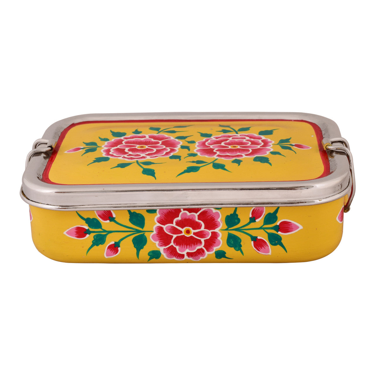 Hand Painted Steel Bento Box: Yellow Floral Tiffin, Lunch Box