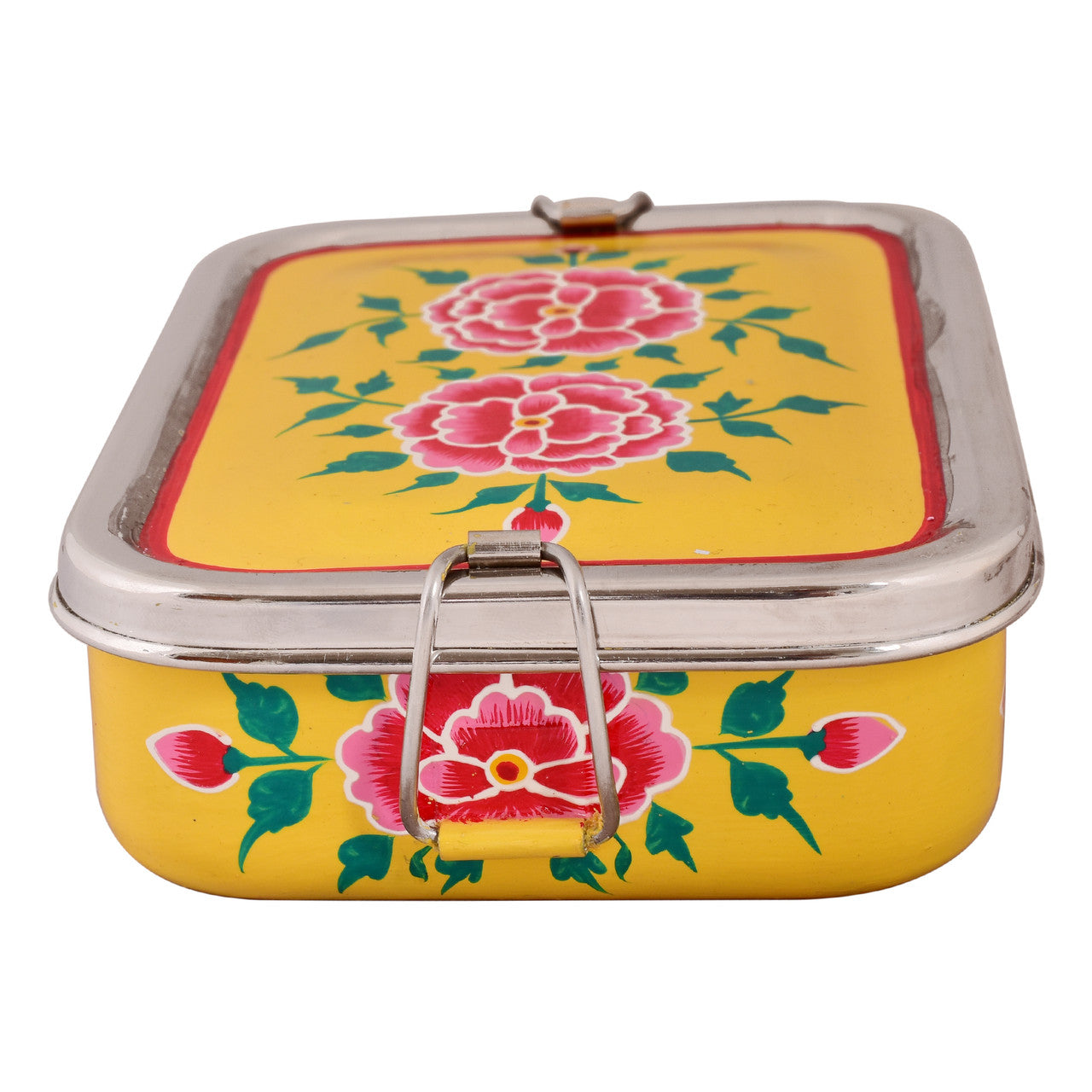 Hand Painted Steel Bento Box: Yellow Floral Tiffin, Lunch Box