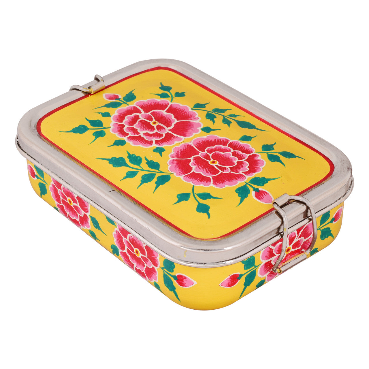 Hand Painted Steel Bento Box: Yellow Floral Tiffin, Lunch Box
