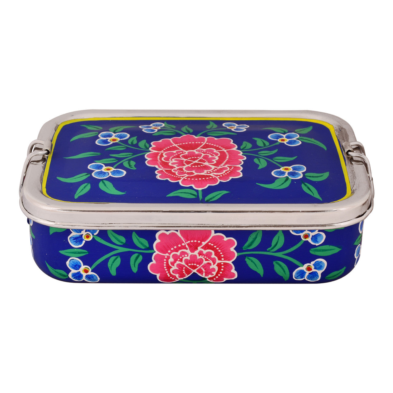 Hand Painted Steel Bento Box: blue Floral Tiffin, Lunch Box