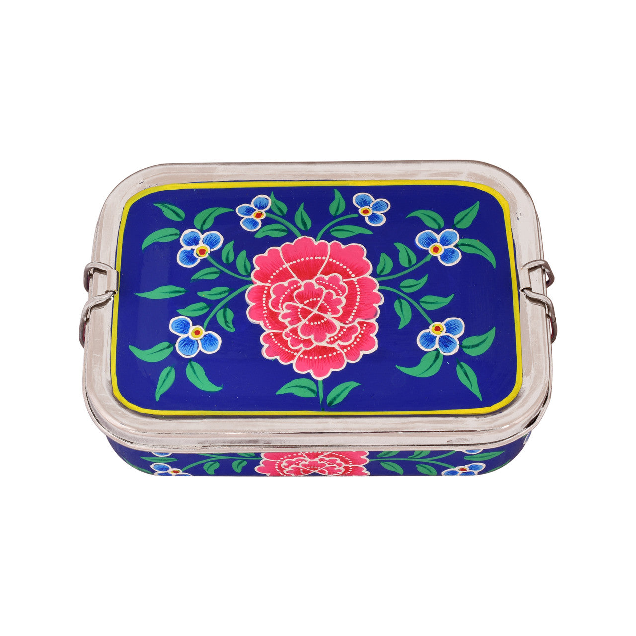 Hand Painted Steel Bento Box: blue Floral Tiffin, Lunch Box