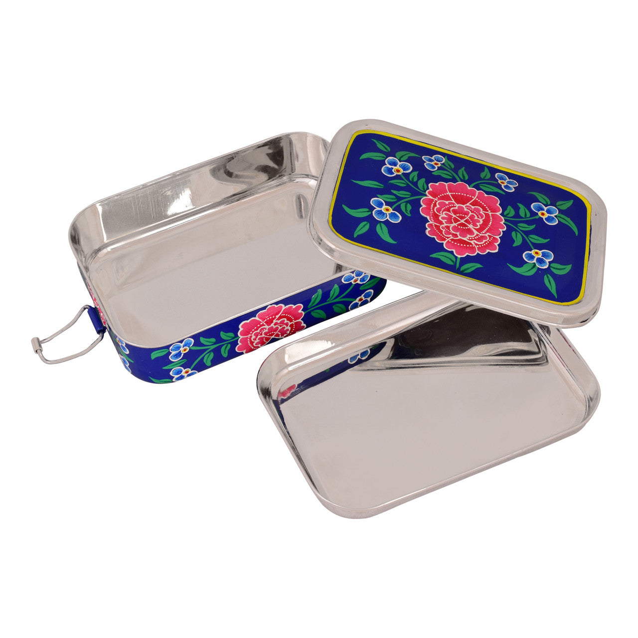 Hand Painted Steel Bento Box: blue Floral Tiffin, Lunch Box