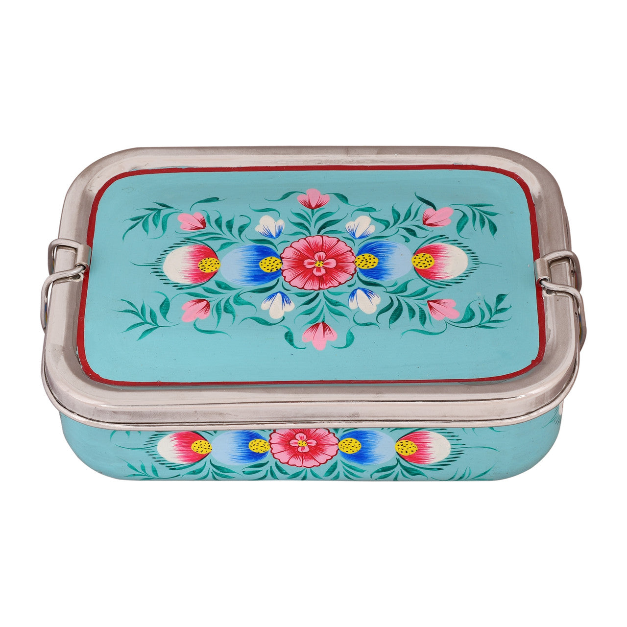 Hand Painted Steel Bento Box: sea blue Floral Tiffin, Lunch Box