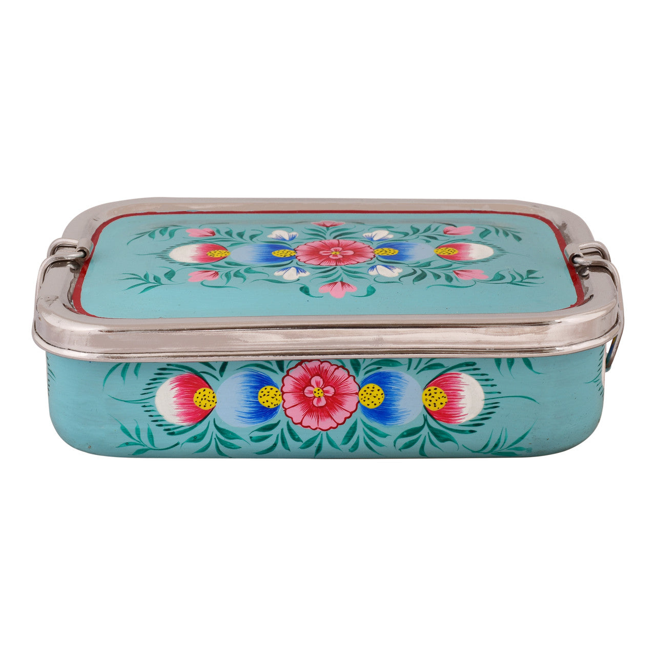 Hand Painted Steel Bento Box: sea blue Floral Tiffin, Lunch Box