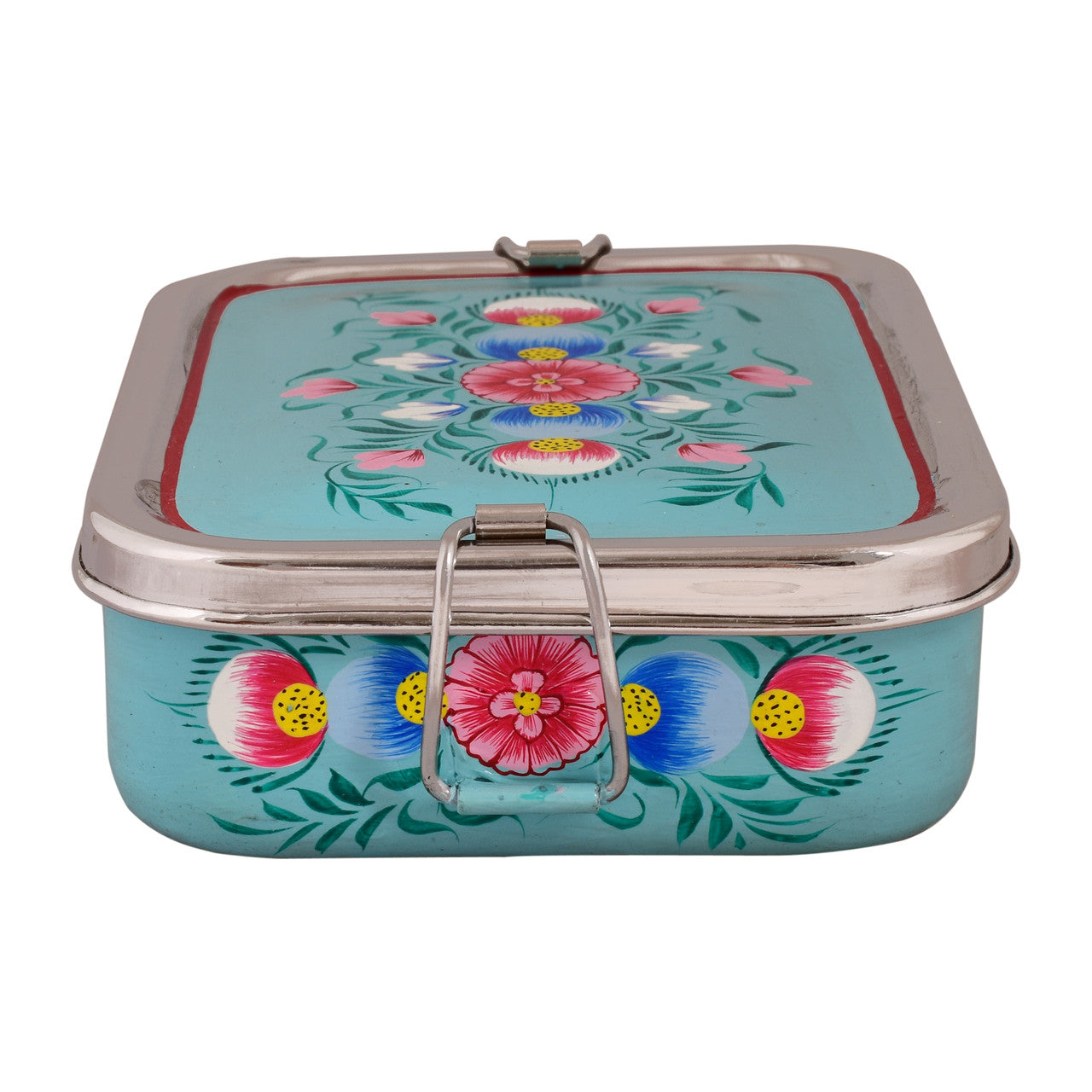 Hand Painted Steel Bento Box: sea blue Floral Tiffin, Lunch Box
