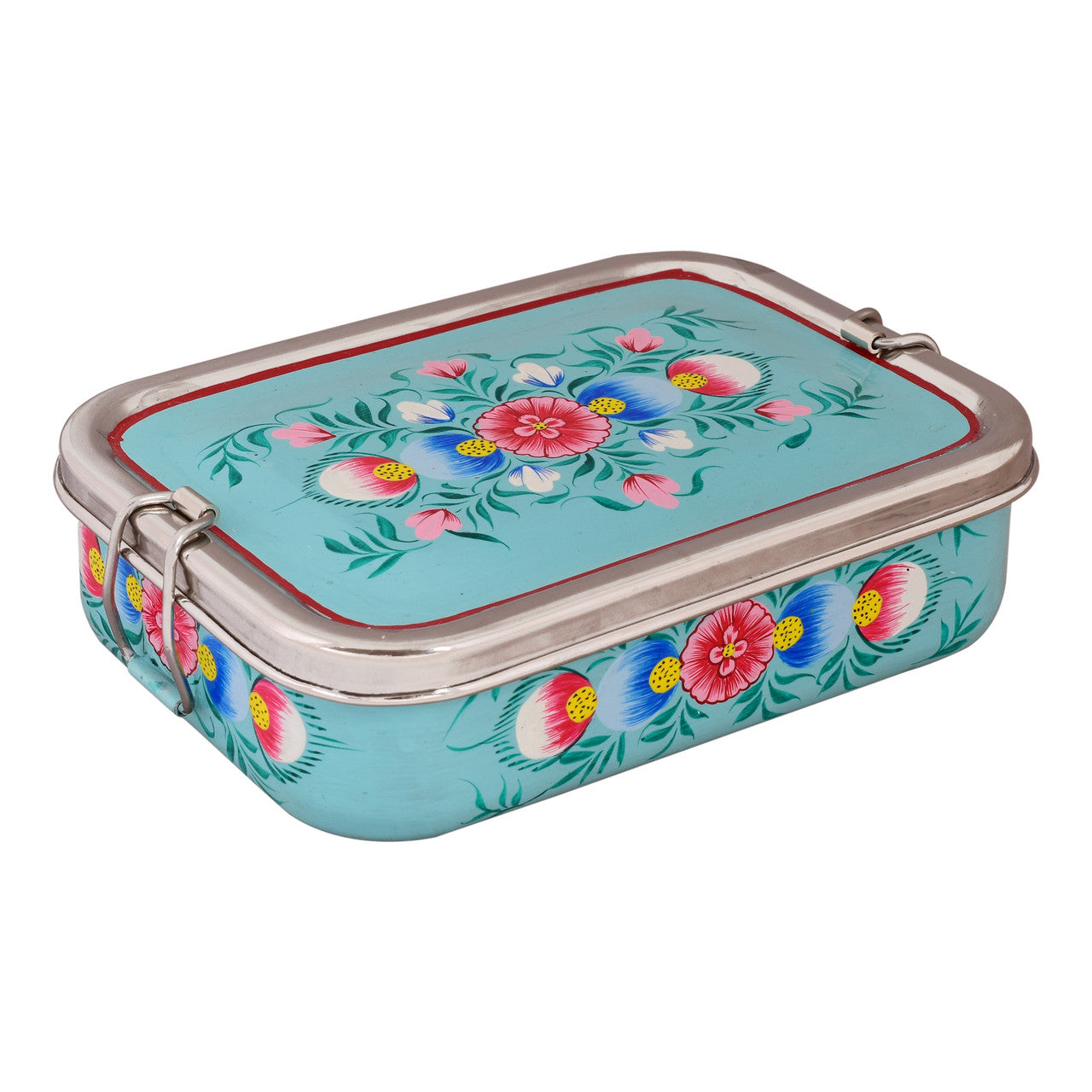 Hand Painted Steel Bento Box: sea blue Floral Tiffin, Lunch Box