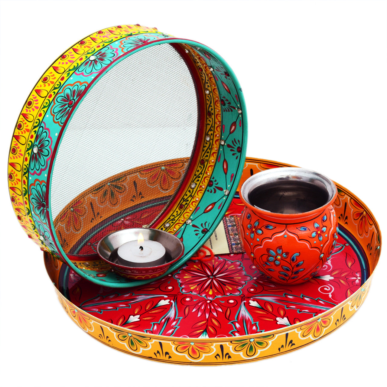 hand painted karwachauth pooja thali set