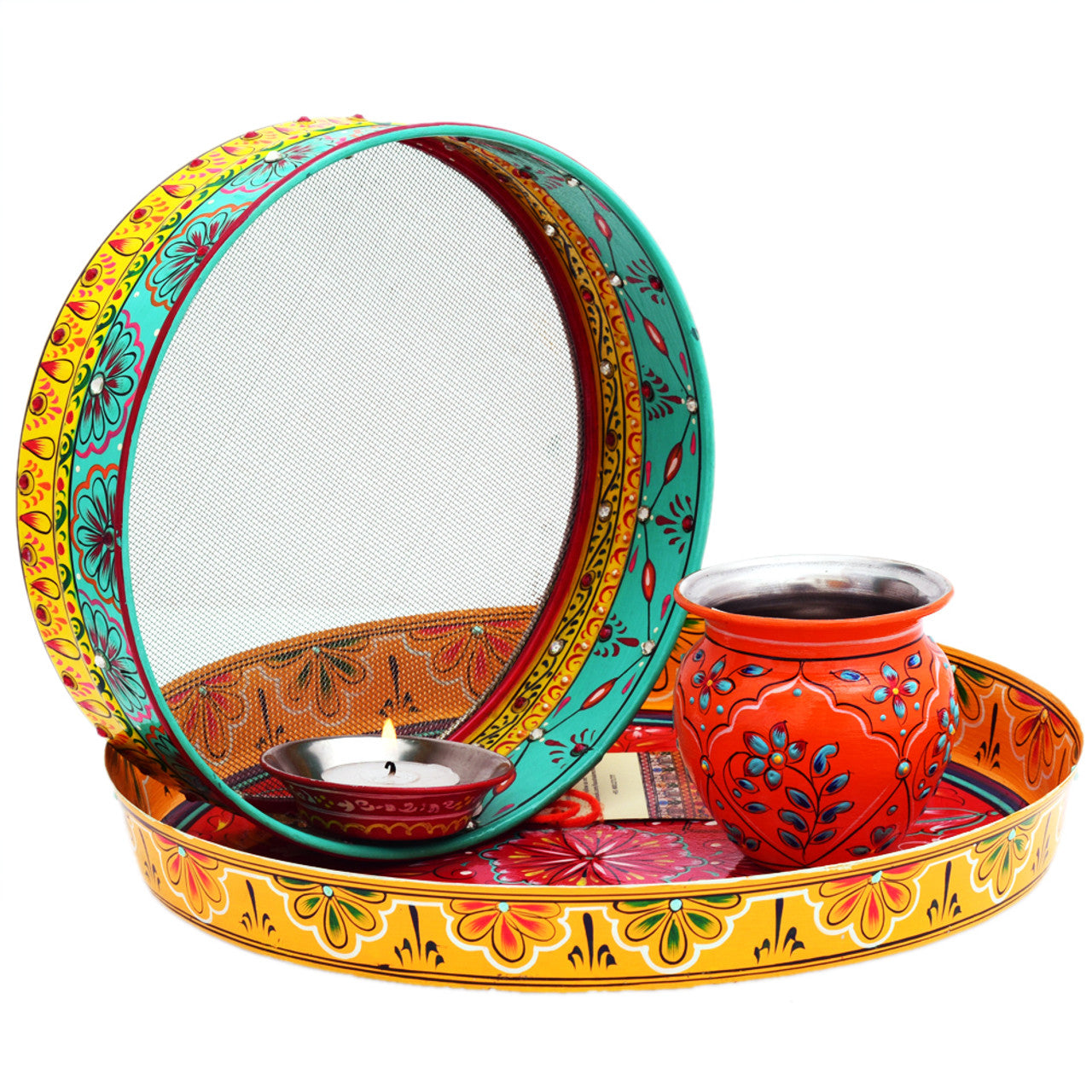 hand painted karwachauth pooja thali set