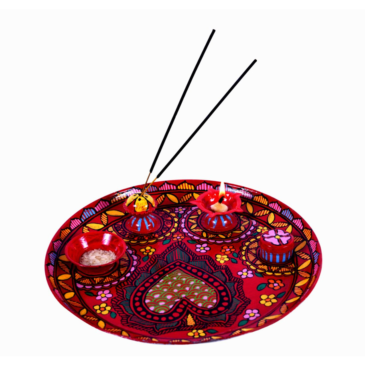 Hand Painted red Puja Thali With Diya: Arti Thali