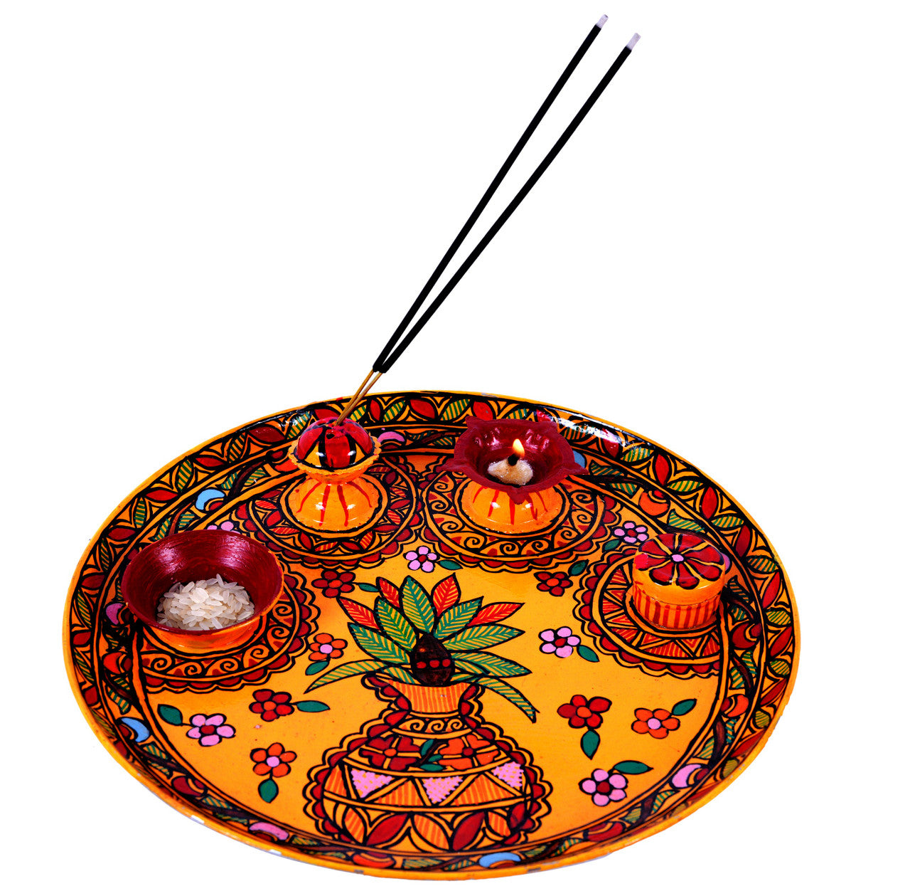 Hand Painted yellow Puja Thali With Diya: Arti Thali