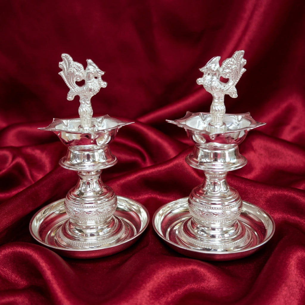 German silver special Naxi diyas with plates for diwali/ housewarming pooja