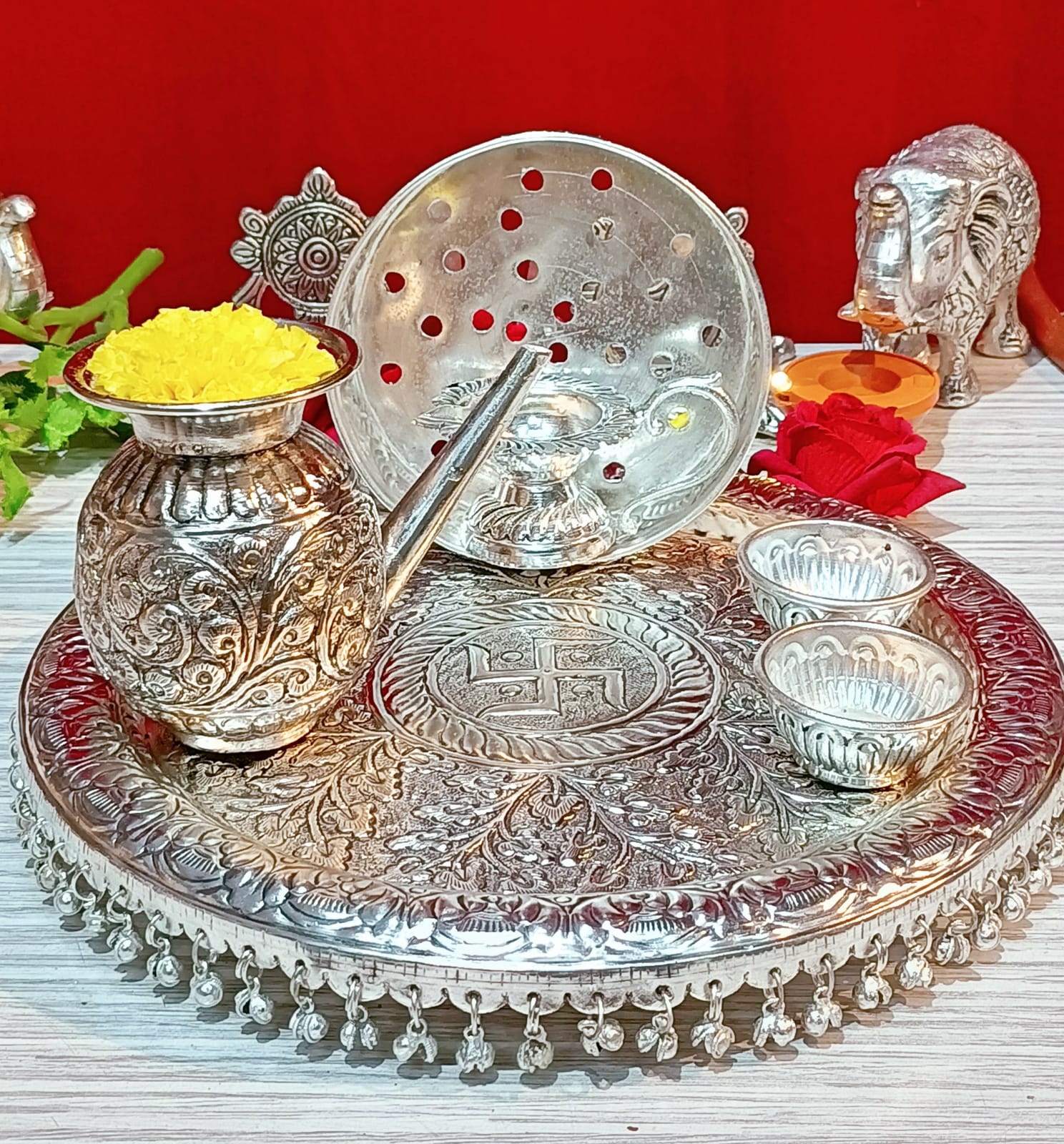 German Silver karwachauth Combo Pooja thali Set of 6 Pieces for Festival