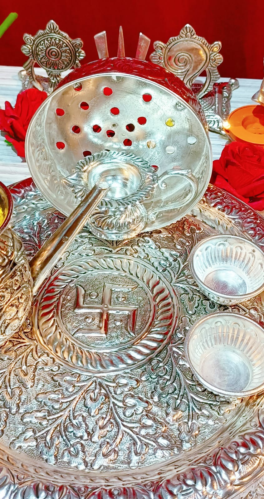 German Silver karwachauth Combo Pooja thali Set of 6 Pieces for Festival