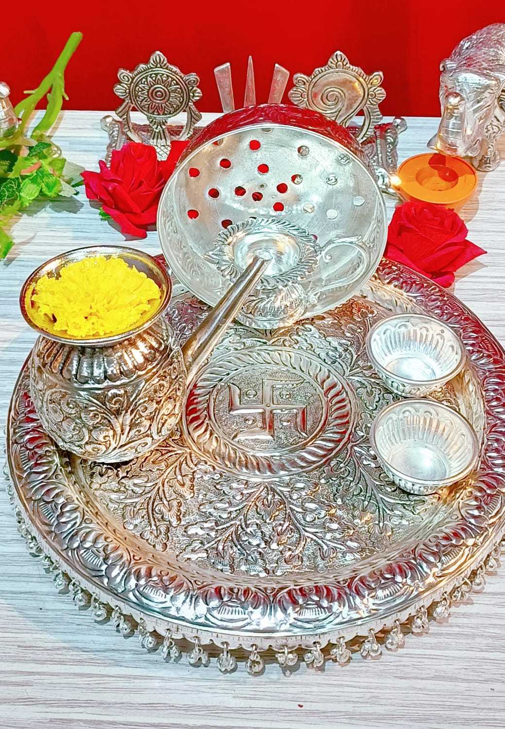 German Silver karwachauth Combo Pooja thali Set of 6 Pieces for Festival