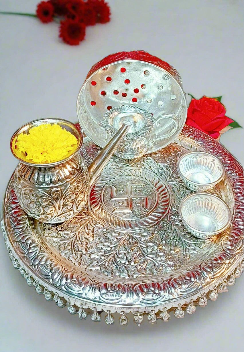 German Silver karwachauth Combo Pooja thali Set of 6 Pieces for Festival