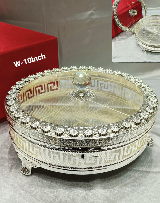 Silver Plated Round Laddu/Dry fruit Box With Velvet Gift Box