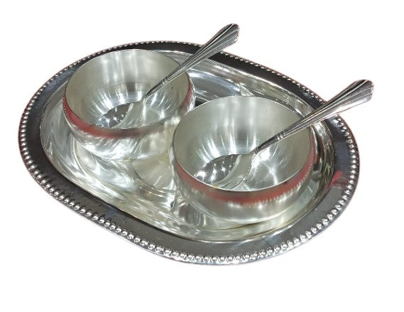 Silver Plated Round 2 Bowl , 2 Spoon , 1 Tray Set