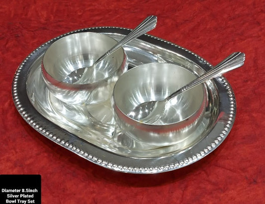 Silver Plated Round 2 Bowl , 2 Spoon , 1 Tray Set