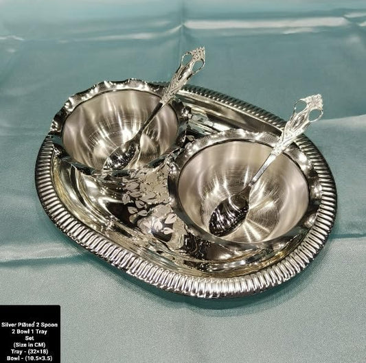 Silver Plated Round 2 Bowl , 2 Spoon , 1 Tray Set