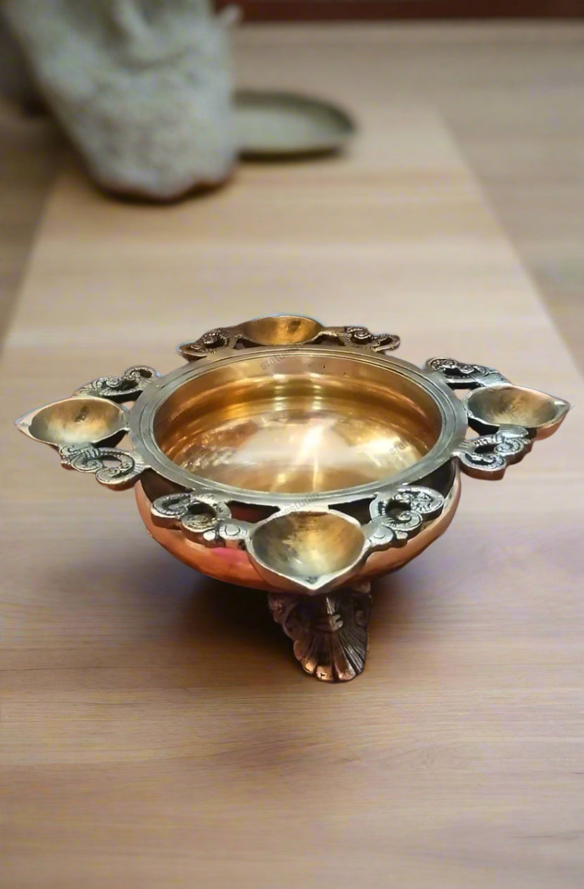 Brass urli with 4 Diya's Home décor with Stand/Gift Item, Golden