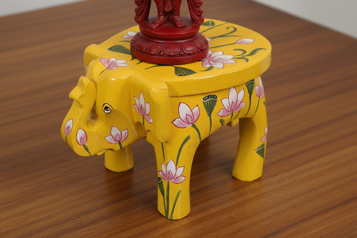 Vibrant wooden Hand-Painted Pichwai Mini Elephant Stool - 6" , color : yellow