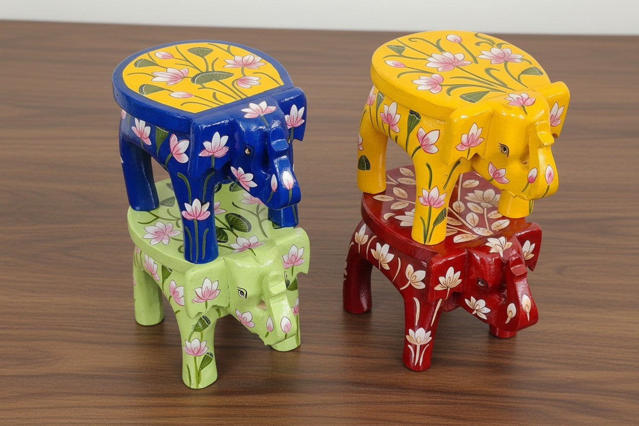 Vibrant wooden Hand-Painted Pichwai Mini Elephant Stool - 6" , color : blue