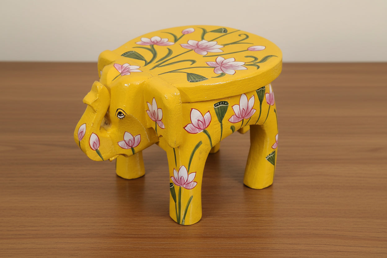 Vibrant wooden Hand-Painted Pichwai Mini Elephant Stool - 6" , color : yellow