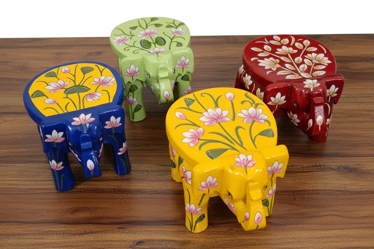 Vibrant wooden Hand-Painted Pichwai Mini Elephant Stool - 6" , color : red