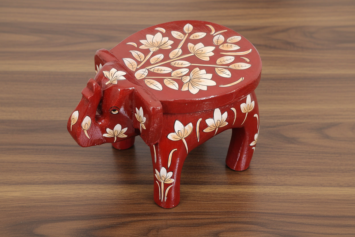 Vibrant wooden Hand-Painted Pichwai Mini Elephant Stool - 6" , color : red