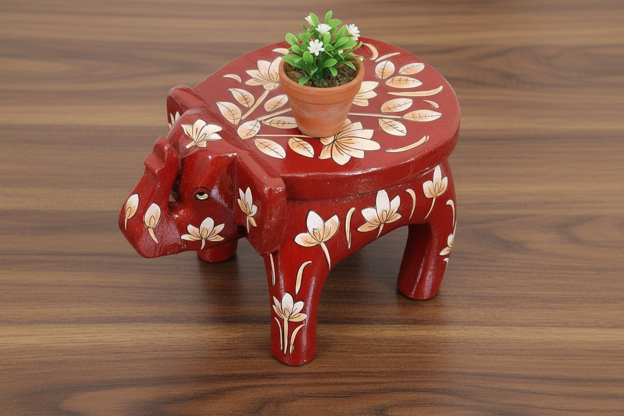 Vibrant wooden Hand-Painted Pichwai Mini Elephant Stool - 6" , color : red