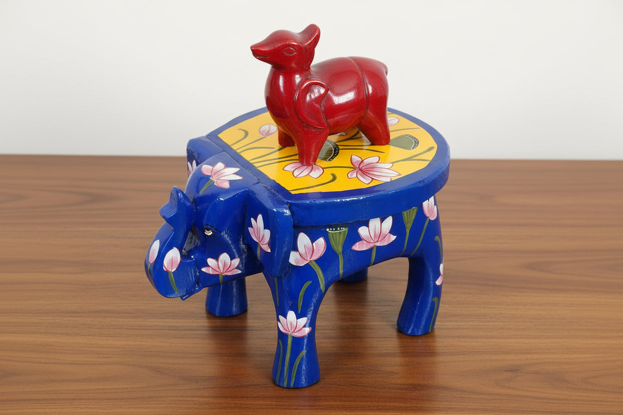 Vibrant wooden Hand-Painted Pichwai Mini Elephant Stool - 6" , color : blue