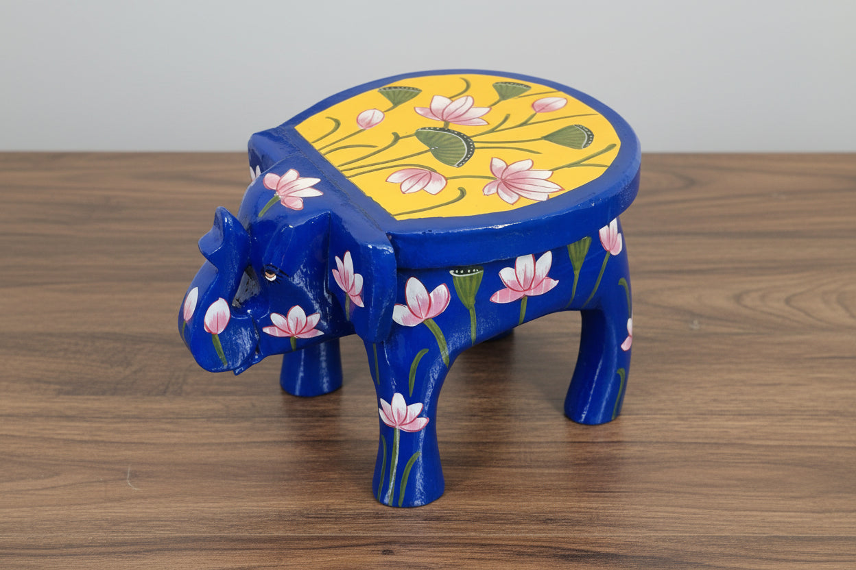 Vibrant wooden Hand-Painted Pichwai Mini Elephant Stool - 6" , color : blue