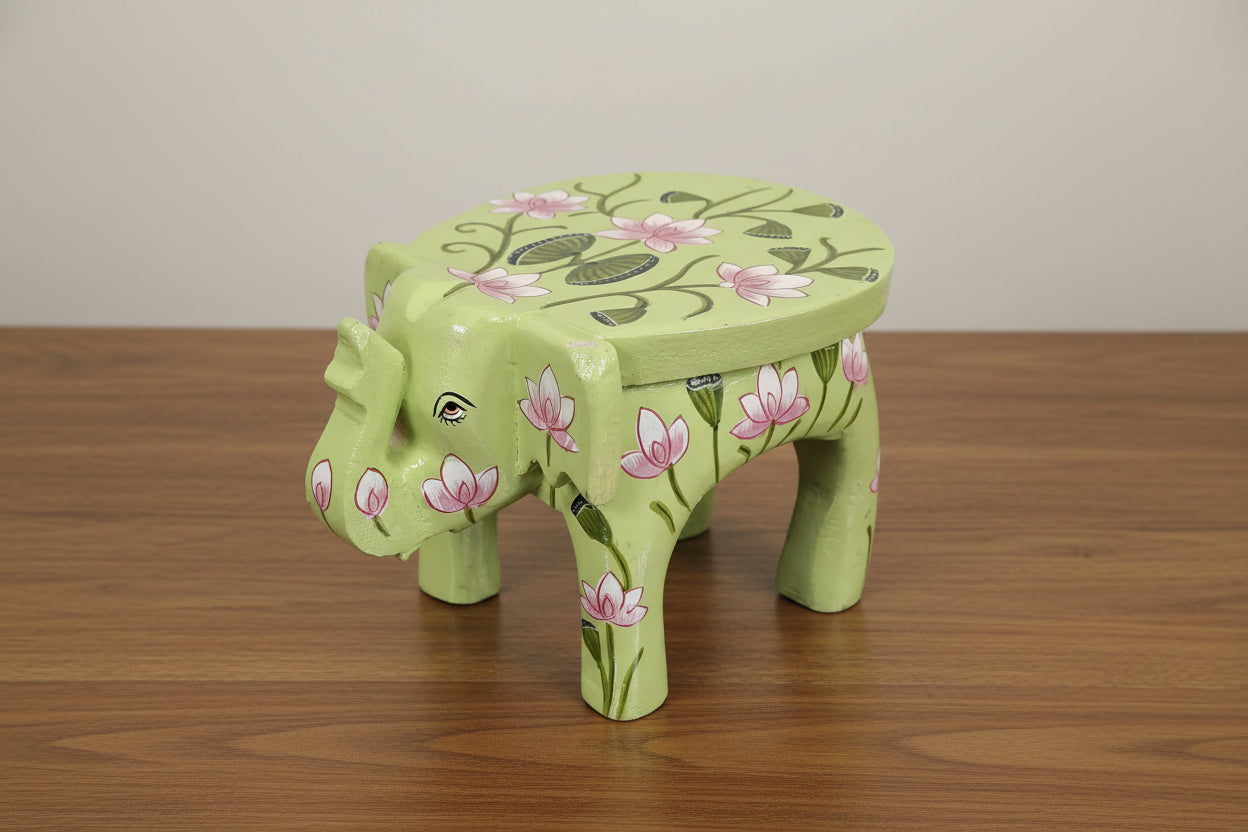 Vibrant wooden Hand-Painted Pichwai Mini Elephant Stool - 6" , color : green