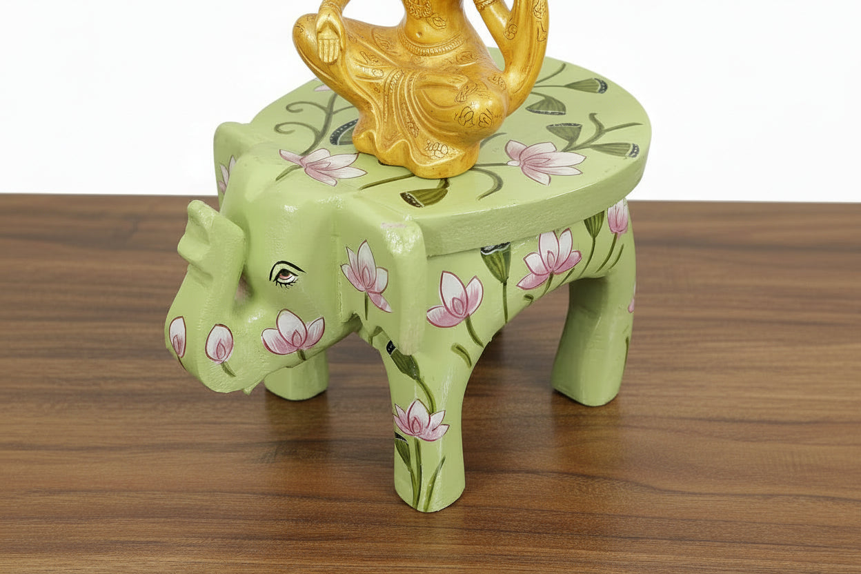 Vibrant wooden Hand-Painted Pichwai Mini Elephant Stool - 6" , color : green