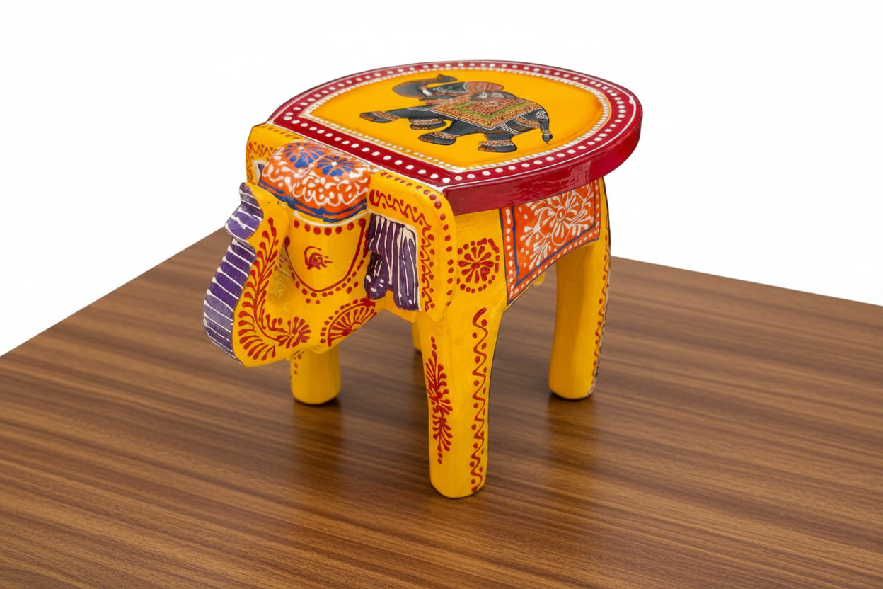 Vibrant wooden Hand-Painted elephant design Pichwai Mini Elephant Stool