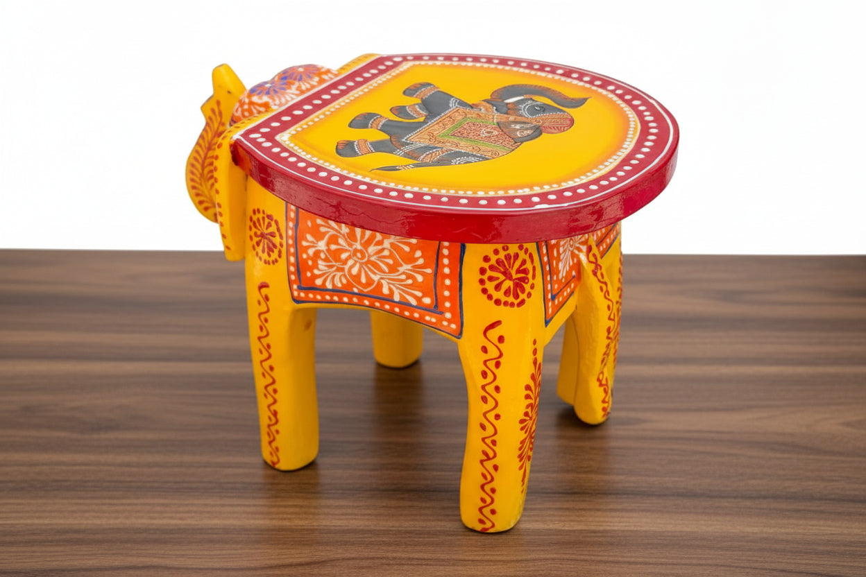 Vibrant wooden Hand-Painted elephant design Pichwai Mini Elephant Stool