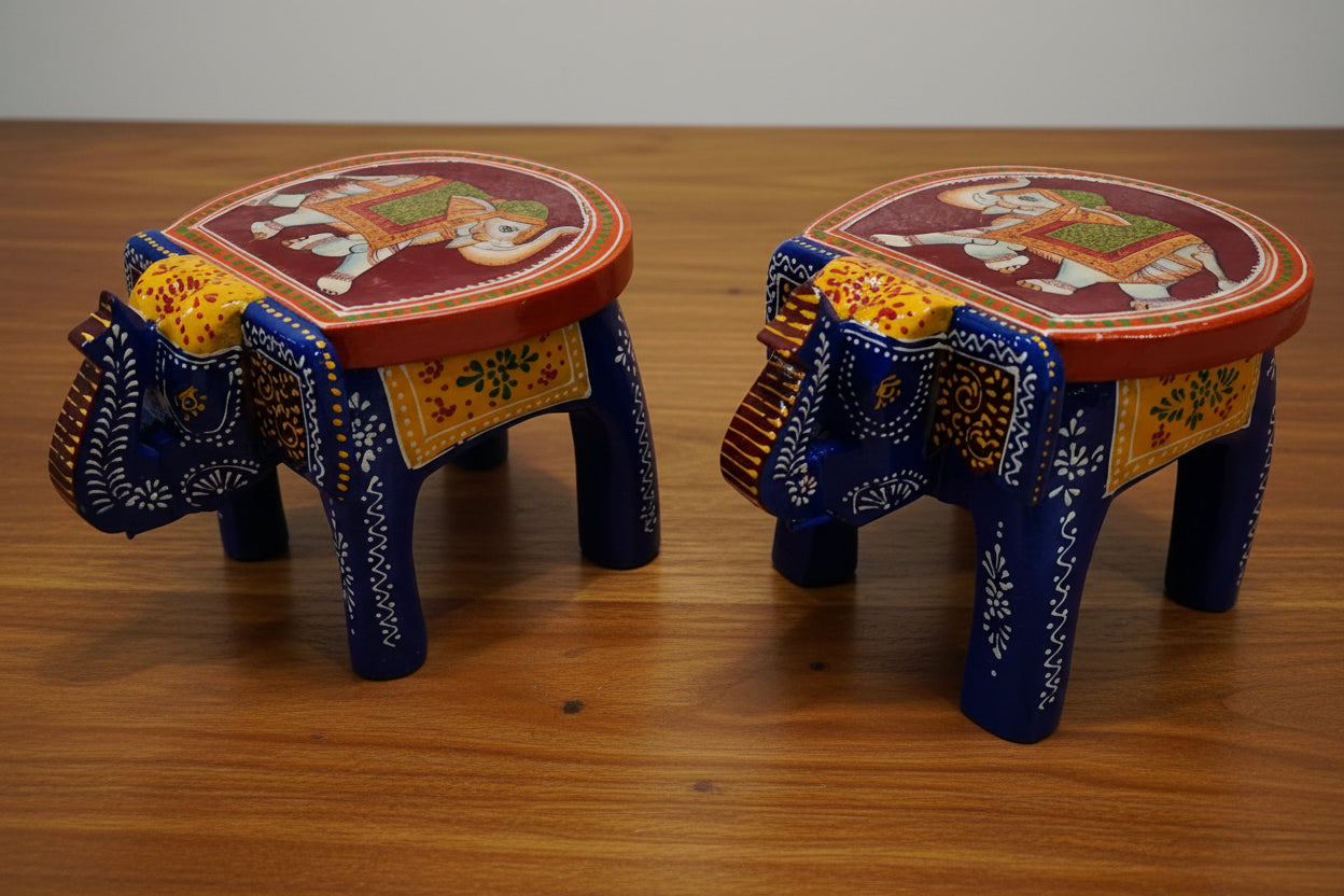 wooden Hand-Painted elephant design Pichwai Mini Elephant Stool, 1 piece