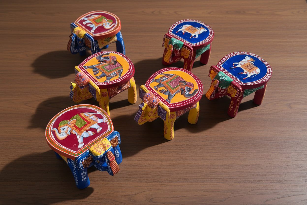 wooden Hand-Painted elephant design Pichwai Mini Elephant Stool, 1 piece
