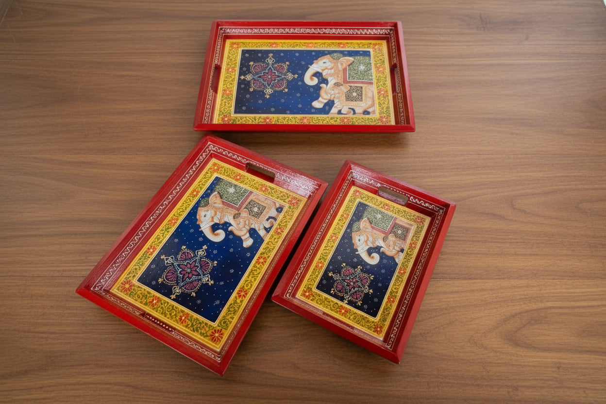 Wooden Hand-Painted Serving Trays – Set of 3, Elephant Design, red