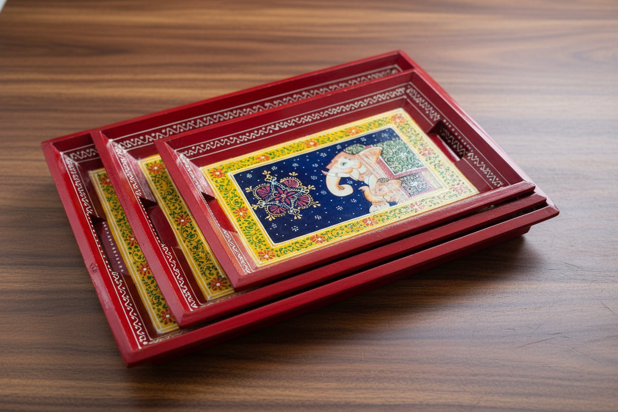 Wooden Hand-Painted Serving Trays – Set of 3, Elephant Design, red