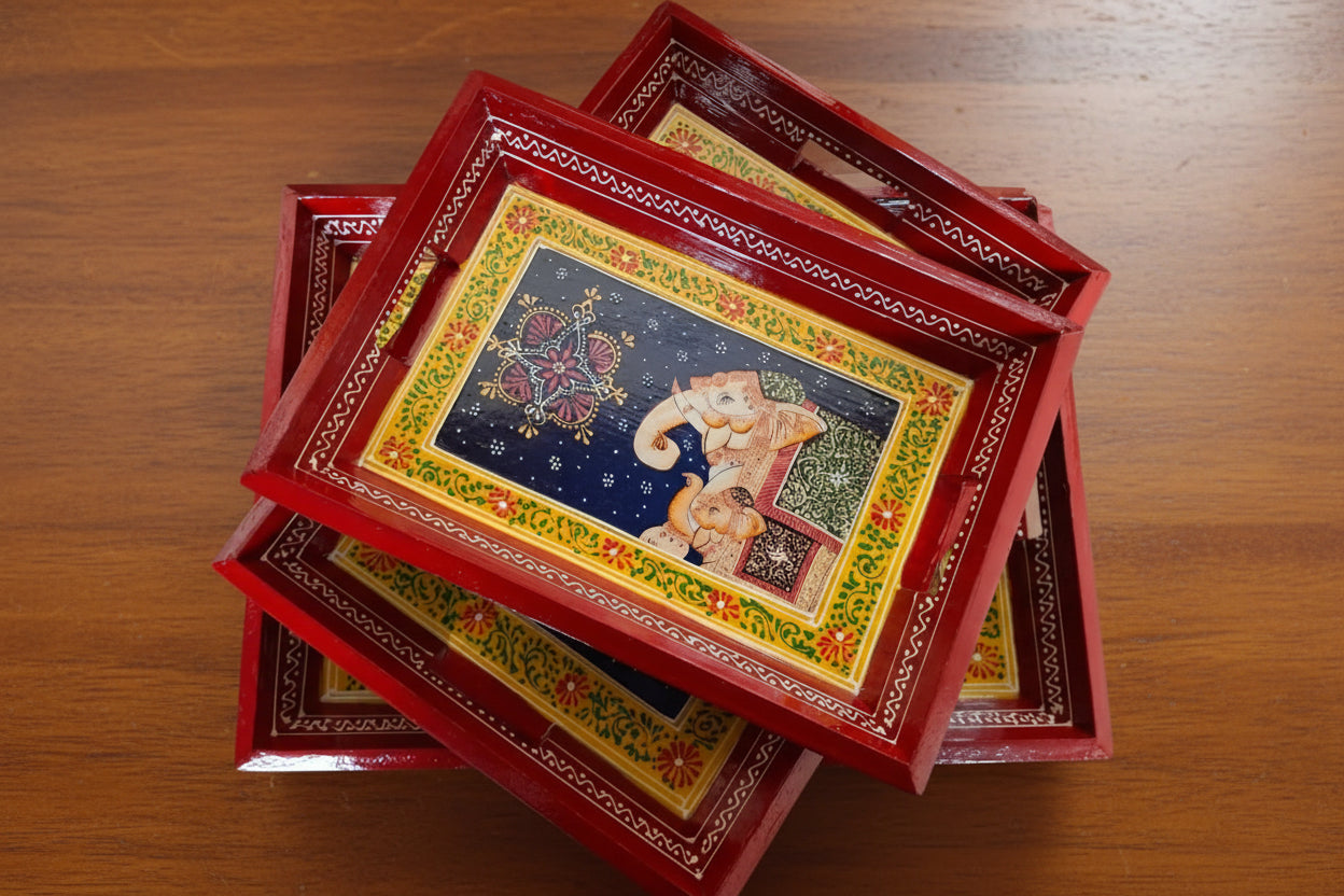 Wooden Hand-Painted Serving Trays – Set of 3, Elephant Design, red