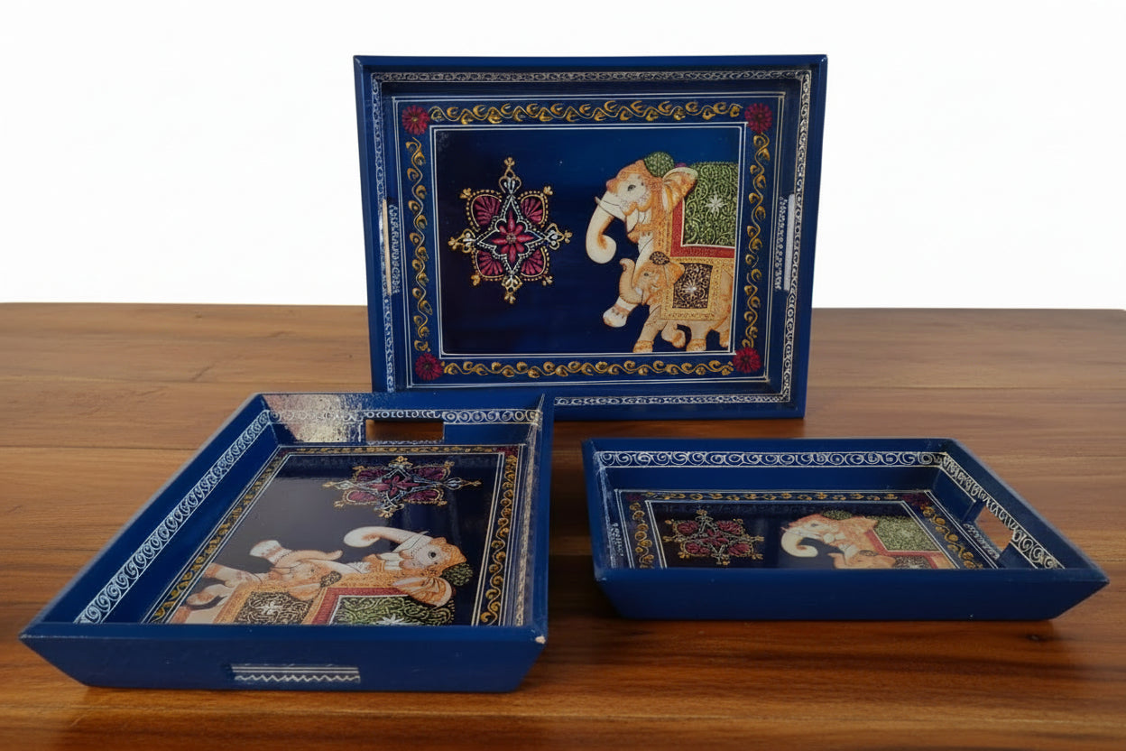 Wooden Hand-Painted Serving Trays – Set of 3, Elephant Design, blue