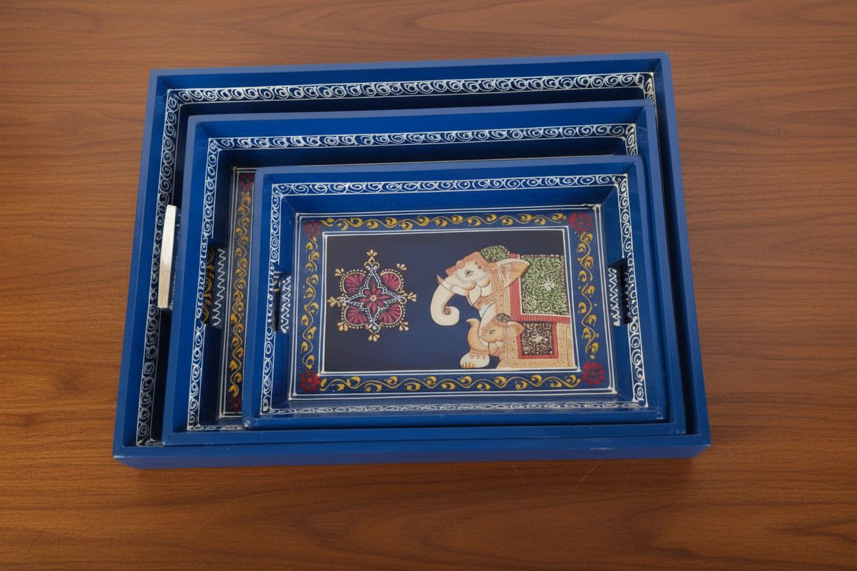 Wooden Hand-Painted Serving Trays – Set of 3, Elephant Design, blue