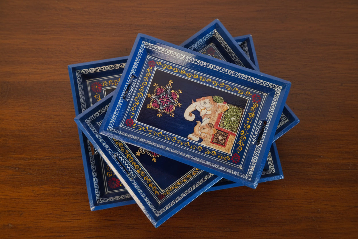 Wooden Hand-Painted Serving Trays – Set of 3, Elephant Design, blue