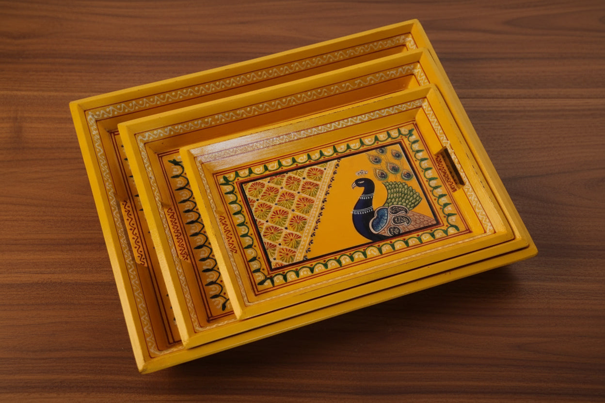 Wooden Hand-Painted Serving Trays – Set of 3, Elephant Design, yellow