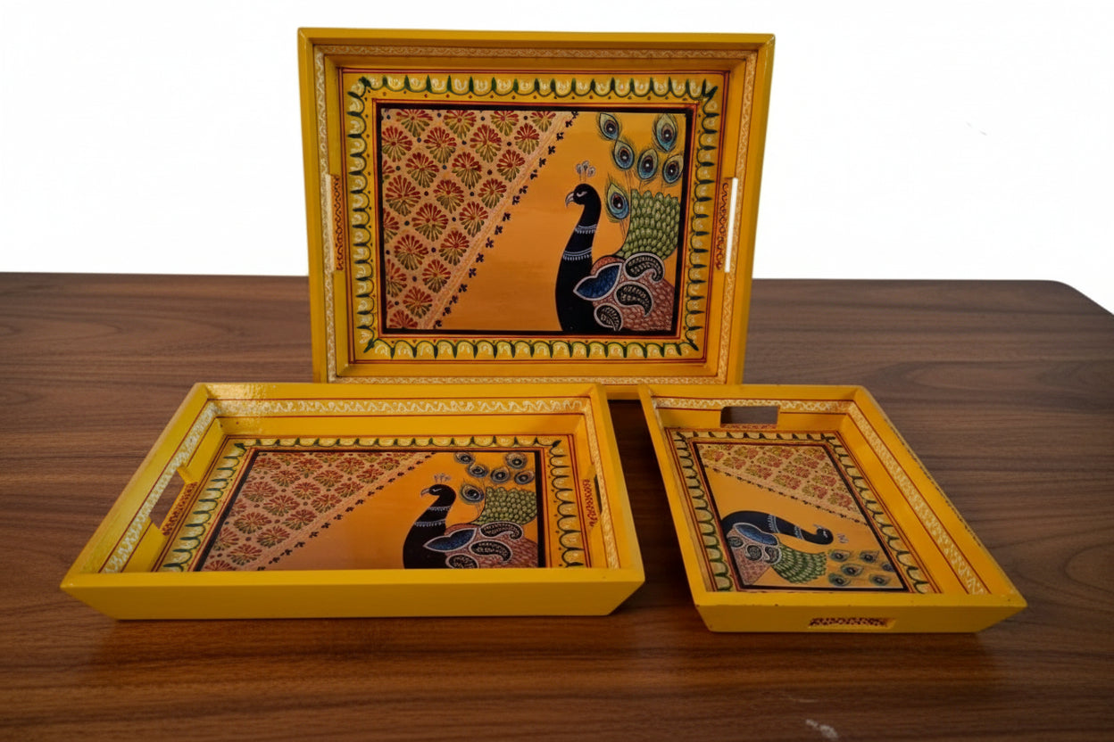 Wooden Hand-Painted Serving Trays – Set of 3, Elephant Design, yellow