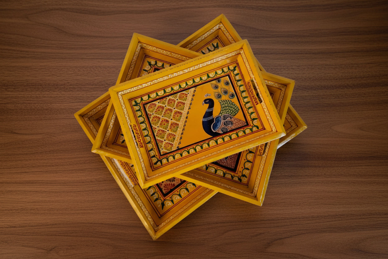Wooden Hand-Painted Serving Trays – Set of 3, Elephant Design, yellow