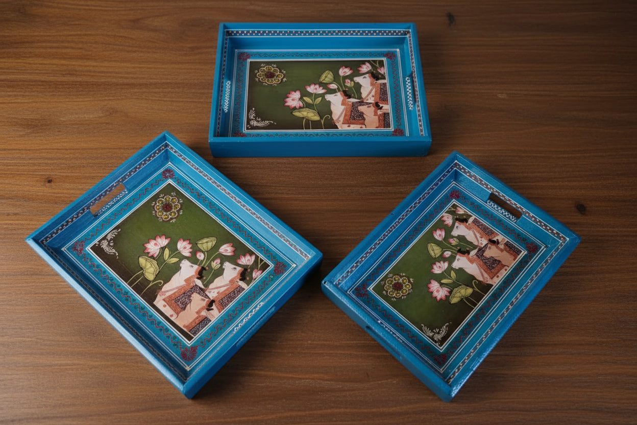 Wooden Hand-Painted beautiful Serving Trays – Set of 3, Elephant Design